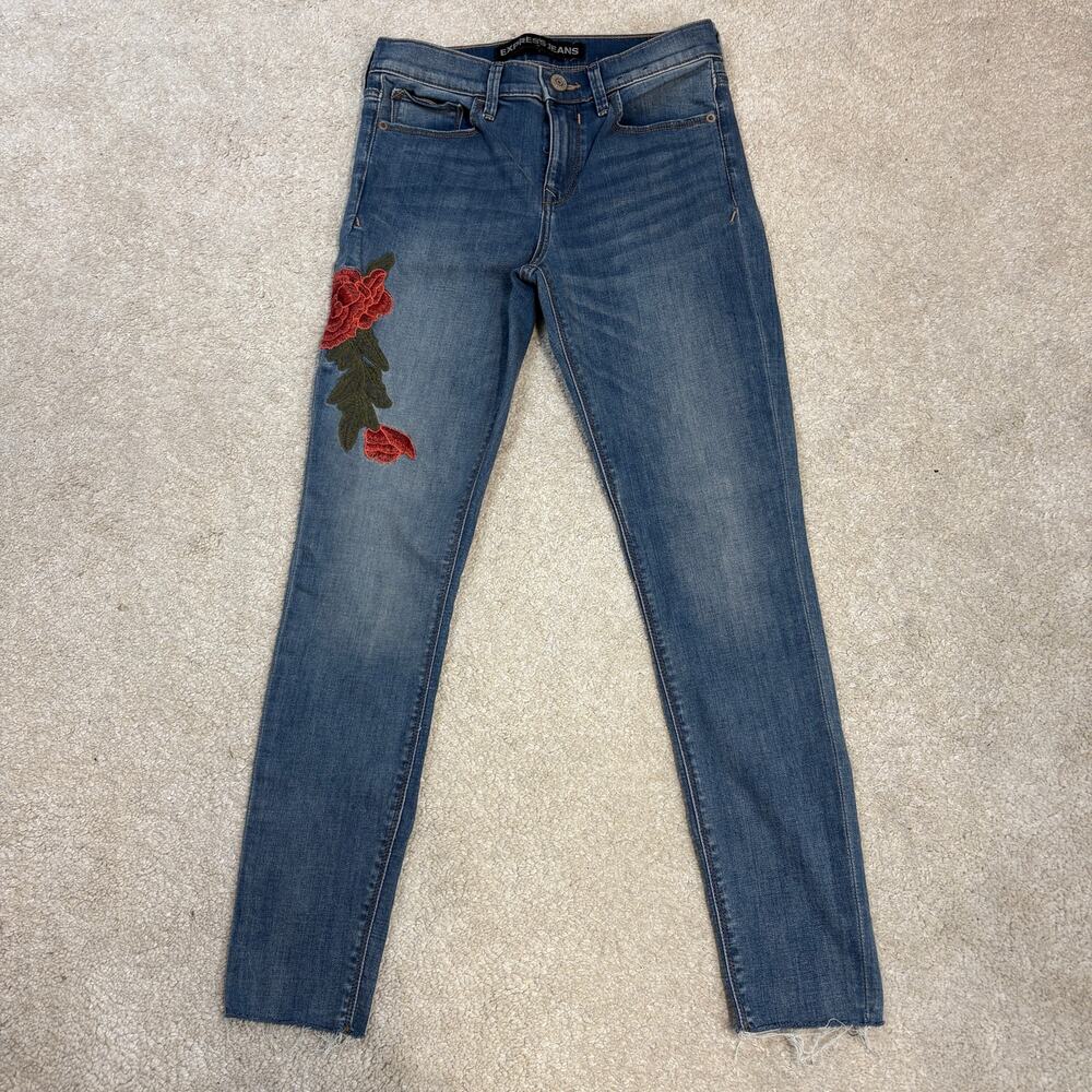 Express Mid-Rise Ankle Legging Jeans Medium Wash Embroidered Flowers Size 4
